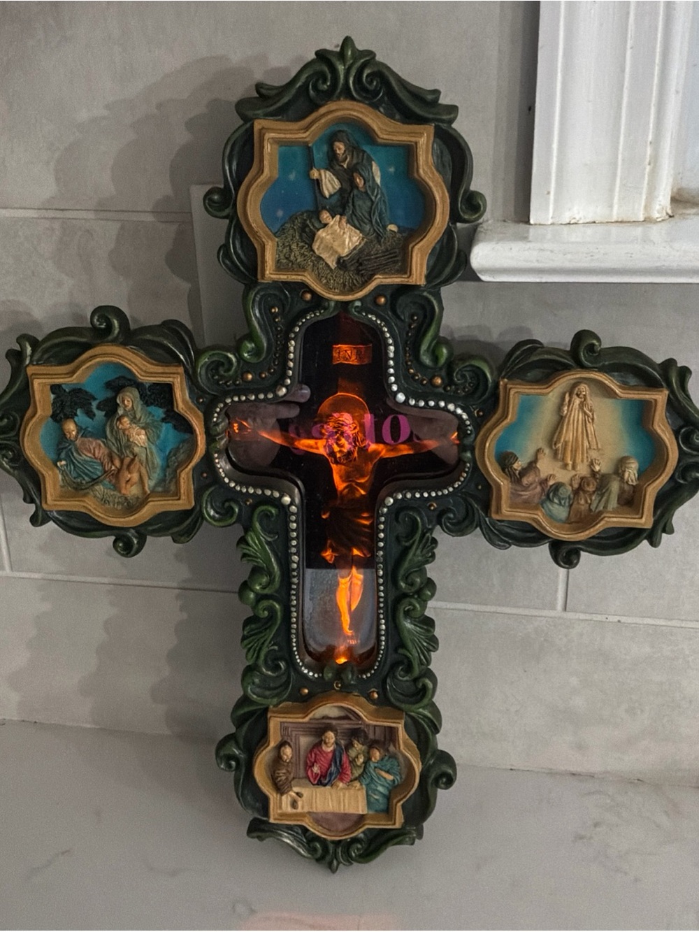 Rare Beautiful Life of Jesus Cross Mirror With Glowing Jesus 14.5” Tall x 12.5”